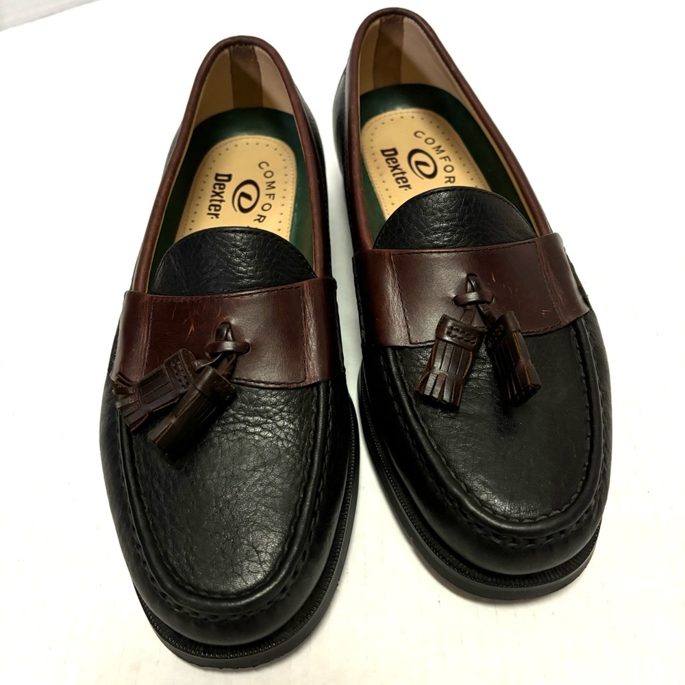 Dexter Comfort Leather Loafers Black with Brown Trim and Tassels Men's size 8 W